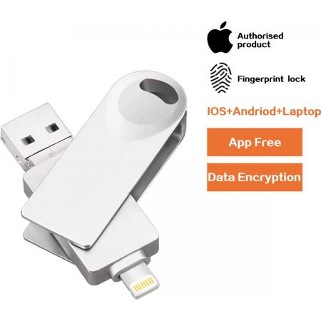 USB stick – flashdrive 32GB – Data encryptie – vergrendeling met vingerafdruk – voor iPhone Ipad Android en PC of Mac - Zilver