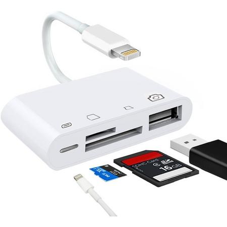 iPad Air, Mini, Pro lightning, iphone / 8 pins Camera Connection Kit 4 in 1, Card Reader met USB ingang en SD Kaartlezer, 4-in-1 Reader (IOS 11 ondersteuning), ook voor iPhone 5/5s/6/6s/7, wit