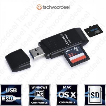 SD Kaart lezer & Micro-SD kaart lezer (2-in-1) - USB 3.0 - ZWART -  High speed - Micro SDHC - Voor Apple, Windows en TV - SD Reader -  TF kaart - Techvoordeel®