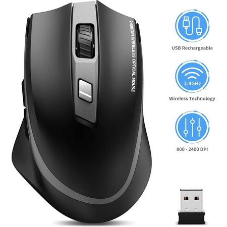 Draadloze muis, 2,4 G opladen draadloze muis, draadloze muis, laptop muis met USB nano-ontvanger, 6 toetsen, 5 instelbare dpi, voor pc/tablet/laptop en Windows/Mac/Linux (opladen en is stille muis)  kleur zwart