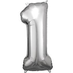 Folie Cijferballon 1 zilver met Helium 84cm
