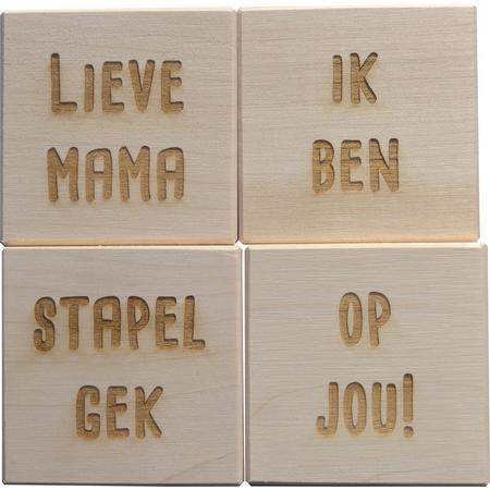 Set van 4 Blokken Beukenhout - Duurzaam - Lieve Mama Ik Ben Stapel Gek Op Jou! - Moederdag Cadeautje - Mama - Moederdag Cadeau -