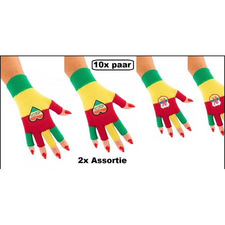 10x Paar Vingerloze handschoenen rood/geel/groen assortie