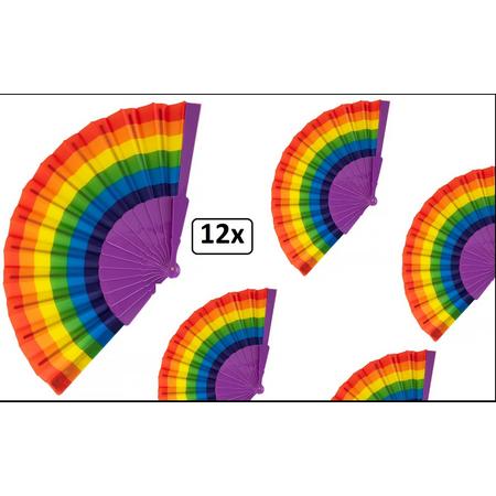 12x Waaier regenboog kleuren - carnaval thema feest gay pride party festival kleuren