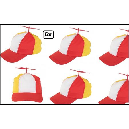 6x Baseball pet met propeller multicolour rood wit geel - propellor pet hoofddeksel festival thema feest verstelbaar verjaardag