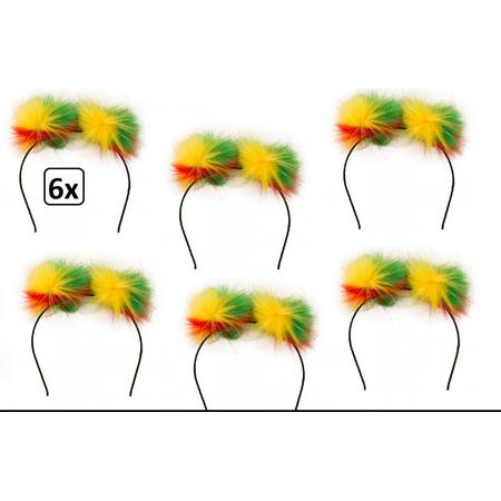 6x Diadeem pluche bol rood/geel/groen - carnaval thema party hoofddeksel haarband rood geel groen optocht