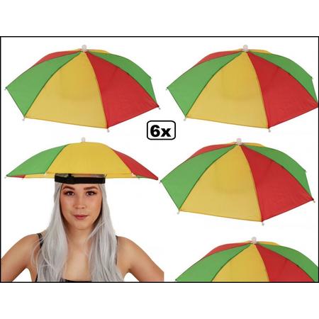 6x Hoofd paraplu rood geel groen - Hoofd band regen plu carnaval festival thema feest optocht