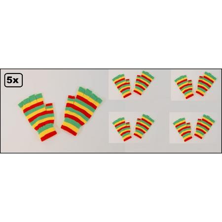 5x Paar Vingerloze handschoen rood/geel/groen smalle streep