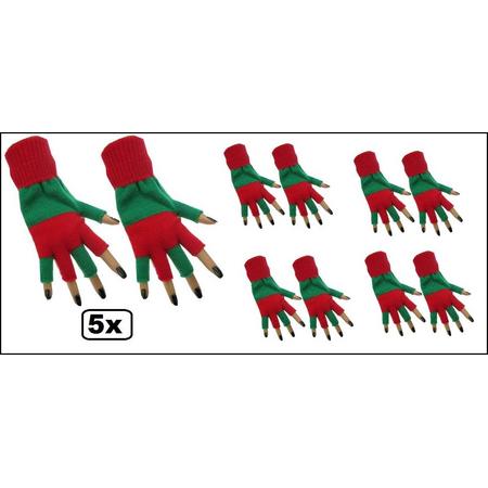 5x Paar vingerloze handschoen groen/rood