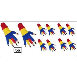 5x Paar vingerloze handschoen rood/geel/blauw