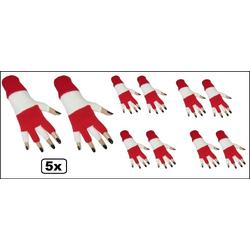 5x Paar vingerloze handschoen rood/wit