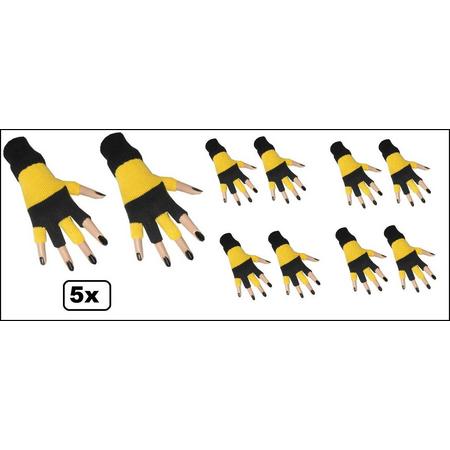 5x Paar vingerloze handschoen zwart/geel