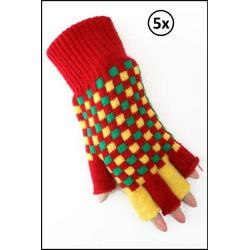 5x Vingerloze handschoen rood/geel/groen geblokt