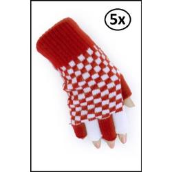 5x Vingerloze handschoen rood/wit geblokt
