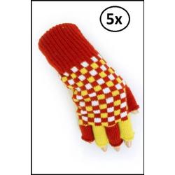 5x Vingerloze handschoen rood/wit/geel geblokt