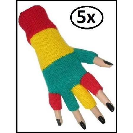 5x paar Vingerloze handschoen rood/geel/groen