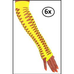 6x Paar handschoenen vingerloos grote gaten fluor geel