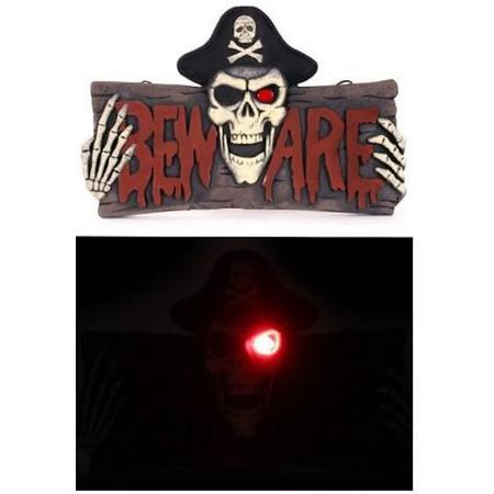 Bord BEWARE met piraat skelet met licht