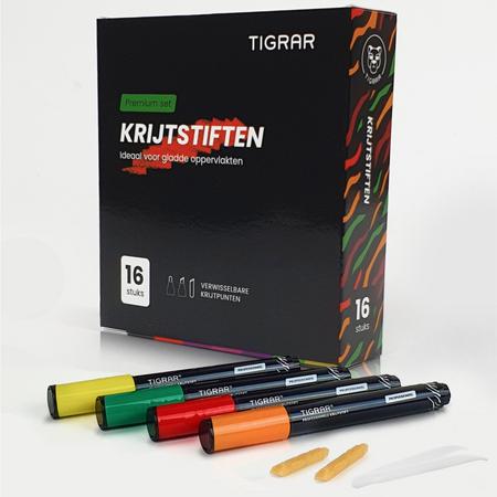 Tigrar - Raamstiften - Krijtstiften - Afwasbaar - 16 kleuren - Incl. Pincet & 16 Extra Vervangbare Punten