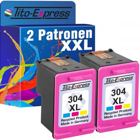 Tito-Express PlatinumSerie PlatinumSerie® 2 x gerecyclede cartridge voor HP 304 XL kleur met niveau-indicator en 157% meer inhoud! 3725 / 3730 / 3732 / Ink Advantage 3700 MFP