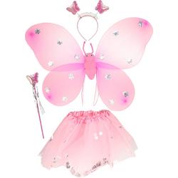 Princess tutu met pompons en roze vleugels, accessoires met zilveren bloemen