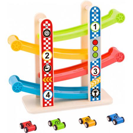 Tooky Toy Racebaan Junior Hout Naturel/rood/blauw 5-delig