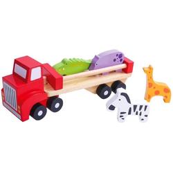 vrachtwagen met dierenfiguren 26,5 cm hout rood 6-delig