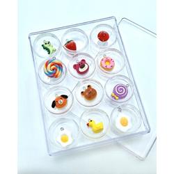 Have em all: 12 cute Toy Charms in a box, starring dino, duck. Beer, dog, frog, donut, strawberry, lollipop rainbow,lollipop purple, sunny side up egg small, Sunny side up egg medium, mushroom