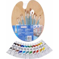 Hobby/knutsel schilderen set van 12 kleuren acryl verf met houten palet en 12 verfkwasten
