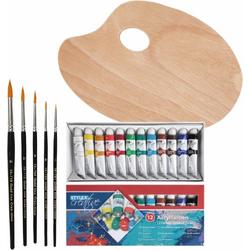 Hobby/knutsel schilderen set van 12 kleuren acryl verf met houten palet en 5 verfkwasten