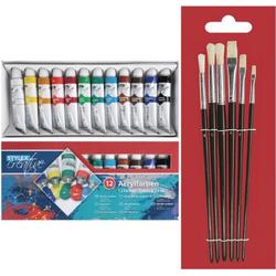 Toppoint set van 12 tubes acrylverf voor kinderen met 6 schilder penselen