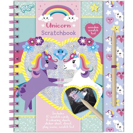 Totum Unicorn - kraskaarten en kleurboek - 24-delig inclusief sjabloon en stickers - scratch book