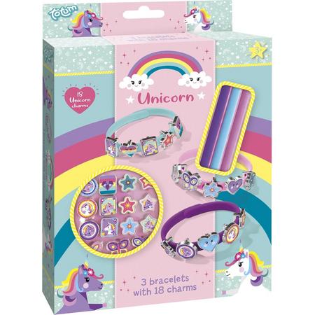 Totum Unicorn schuifarmbandjes - 3 armbanden met 18 schuifbedels - sieradenset slide charm bracelets