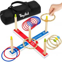 Toyfel Mitty Toss – Ring Werpspel Hout FSC® met 15 Ringen (10x plastic & 5x touw hoepels) – Tuin Spel Buiten & Binnen voor Kinderen & Volwassenen