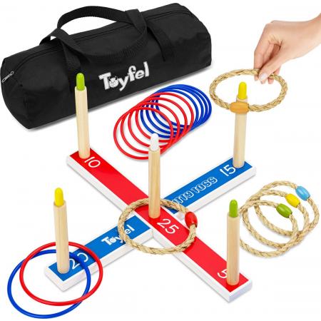 Toyfel Mitty Toss – Ring Werpspel Hout FSC® met 15 Ringen (10x plastic & 5x touw hoepels) – Tuin Spel Buiten & Binnen voor Kinderen & Volwassenen