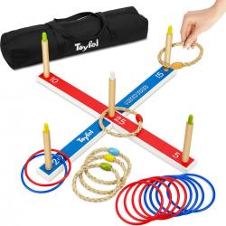 Toyfel Mitty Toss – Ring Werpspel Hout FSC® met 15 Ringen (10x plastic & 5x touw hoepels) – Tuin Spel voor Kinderen & Volwassenen Buiten & Binnen