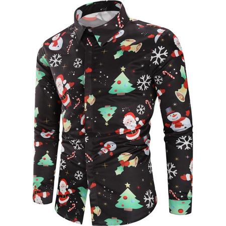 Kerst Verkleedkleding - Shirt met 3D Print Sneeuwman - Casual Shirt - Fun Shirt - Zwart - XL