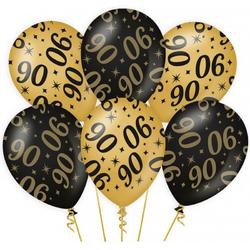 12x stuks Leeftijd verjaardag feest ballonnen 90 jaar geworden zwart/goud 30 cm - Feestartikelen/versiering