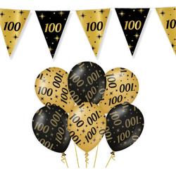Leeftijd verjaardag feestartikelen pakket vlaggetjes/ballonnen 100 jaar zwart/goud - 12x ballonnen/2x vlaggenlijnen