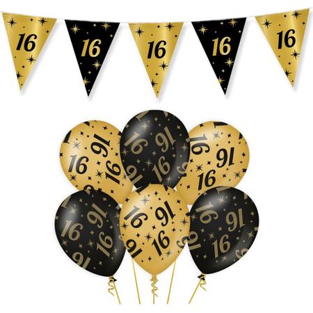 Leeftijd verjaardag feestartikelen pakket vlaggetjes/ballonnen 16 jaar zwart/goud - 18x ballonnen/3x vlaggenlijnen
