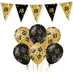 Leeftijd verjaardag feestartikelen pakket vlaggetjes/ballonnen 18 jaar zwart/goud - 18x ballonnen/3x vlaggenlijnen