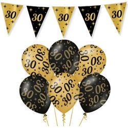 Leeftijd verjaardag feestartikelen pakket vlaggetjes/ballonnen 30 jaar zwart/goud - 18x ballonnen/3x vlaggenlijnen