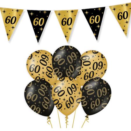 Leeftijd verjaardag feestartikelen pakket vlaggetjes/ballonnen 60 jaar zwart/goud - 18x ballonnen/3x vlaggenlijnen