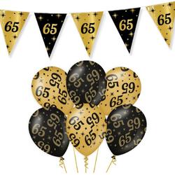 Leeftijd verjaardag feestartikelen pakket vlaggetjes/ballonnen 65 jaar zwart/goud - 18x ballonnen/3x vlaggenlijnen