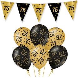 Leeftijd verjaardag feestartikelen pakket vlaggetjes/ballonnen 75 jaar zwart/goud - 18x ballonnen/3x vlaggenlijnen