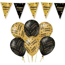 Leeftijd verjaardag feestartikelen pakket vlaggetjes/ballonnen Happy Birthday thema zwart/goud - 18x ballonnen/3x vlaggenlijnen