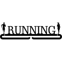 Running Man and Girl Front Medaillehanger zwarte coating - staal - (35cm breed) - Nederlands product - incl. cadeauverpakking - sportcadeau - medalhanger - medailles - marathon - muurdecoratie