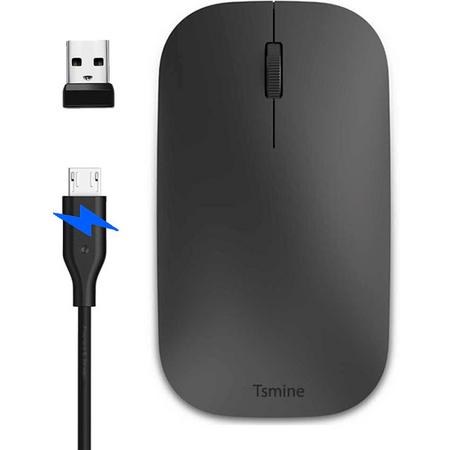 Tsmine 2.4GHZ draadloze muis, oplaadbare en stille muis voor notebook, pc, Mac, laptop, computer, Windows / Android-tablet - zwart