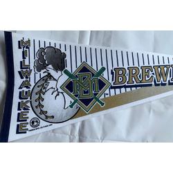 USArticlesEU - Milwaukee Brewers - MLB - vintage Vaantje - Baseball - Honkbal - Sportvaantje - Wimpel - Vlag - Pennant - Gestreept/Bruin/Goud/Wit - 31 x 72 cm - oud logo