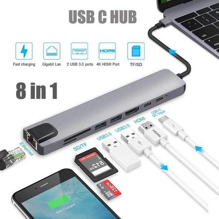 VITAMO 8-in-1 USB-C Hub Adapter - Compatible met Apple Macbook Pro / Air / iMac / Mac Mini / Google Chromebook / Windows Surface / HP / ASUS / Lenovo - Type-C Kabel naar 4K UHD HDMI Converter - LAN Gigabit Ethernet - Thunderbolt 3 - USB 3.0